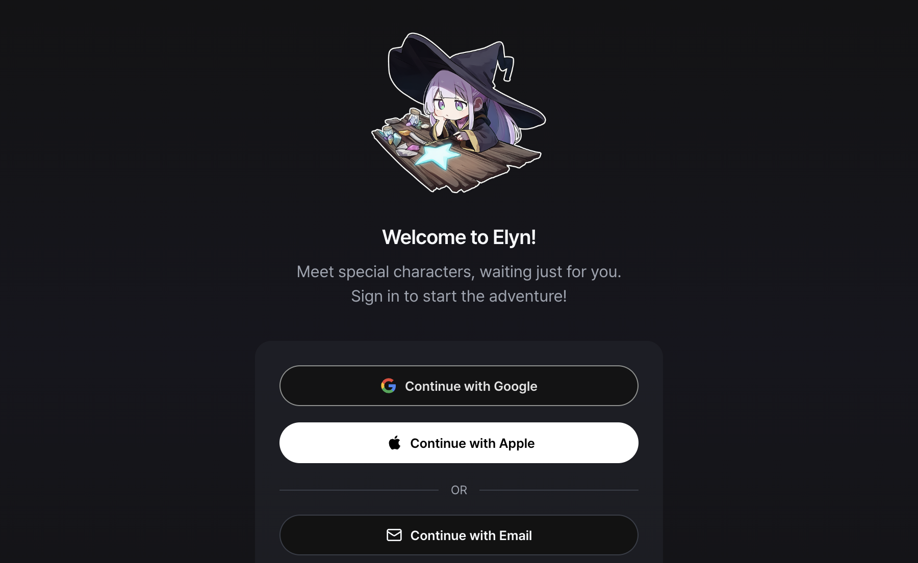Elyn sign-in screen with Continue with Google, Continue with Apple and Continue with Email buttons